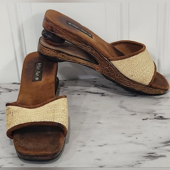 Vintage 90s Y2K Cha Cha carved wood wedge sandals women's size 7 - Picture 1 of 9